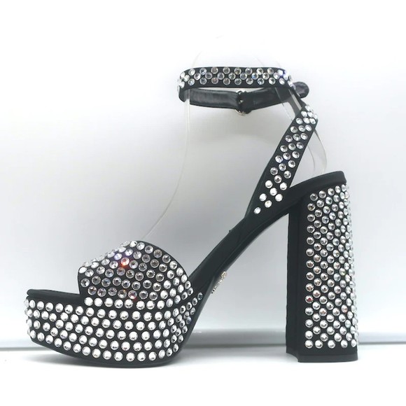 Prada Crystal-Embellished Platform Sandals Black Satin Size 36 Ankle Strap Heels - Picture 6 of 10